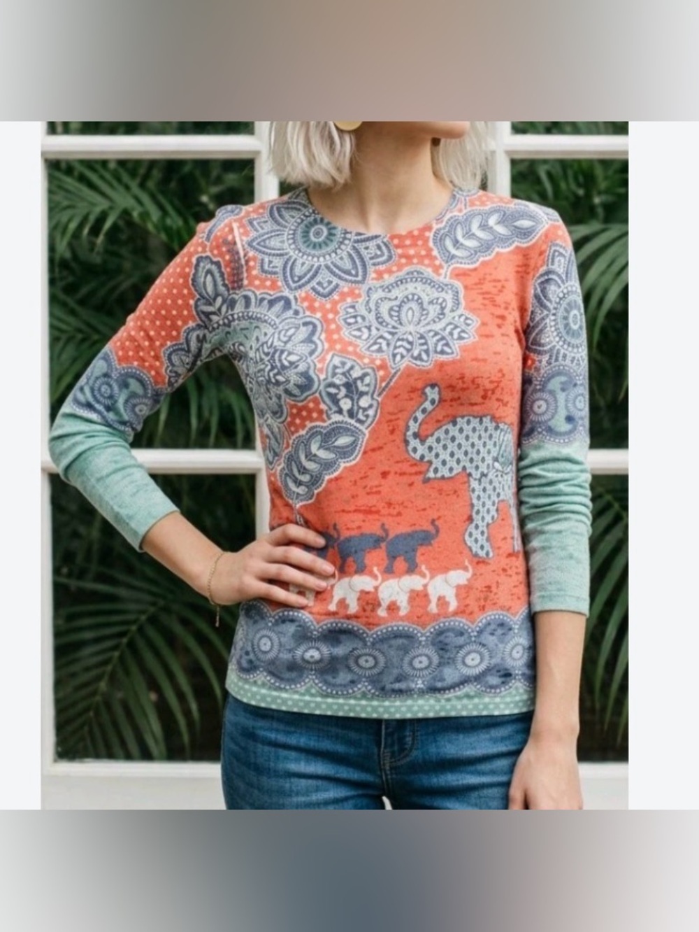 Whimsy Rose Baby Waffle Coral & Mint Elephant Print Long Sleeve Tee